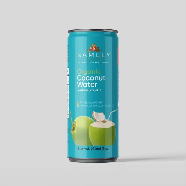 Samley coconut water can with a full-wrap shrink sleeve