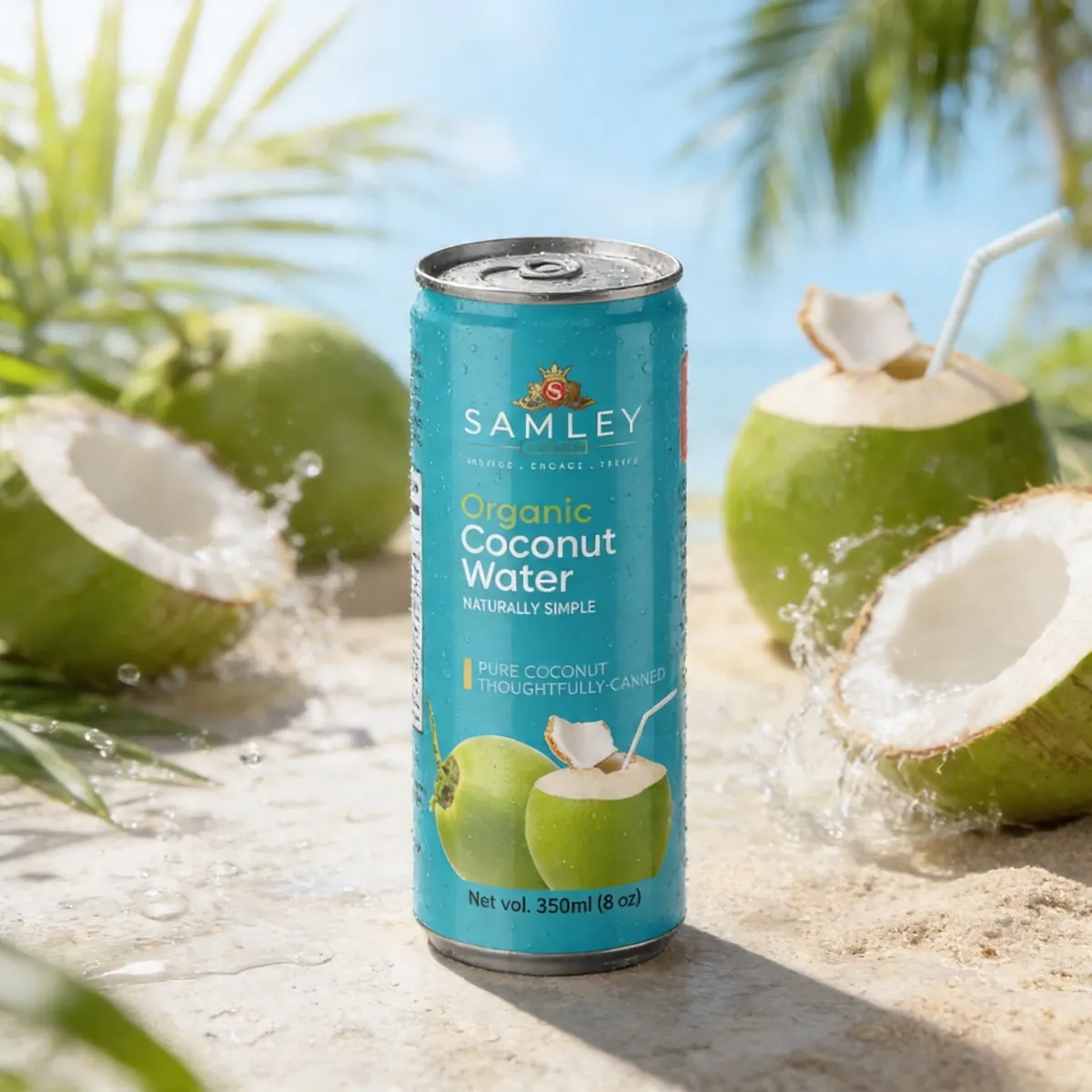 Samley Organic Coconut Water can with fresh green coconuts