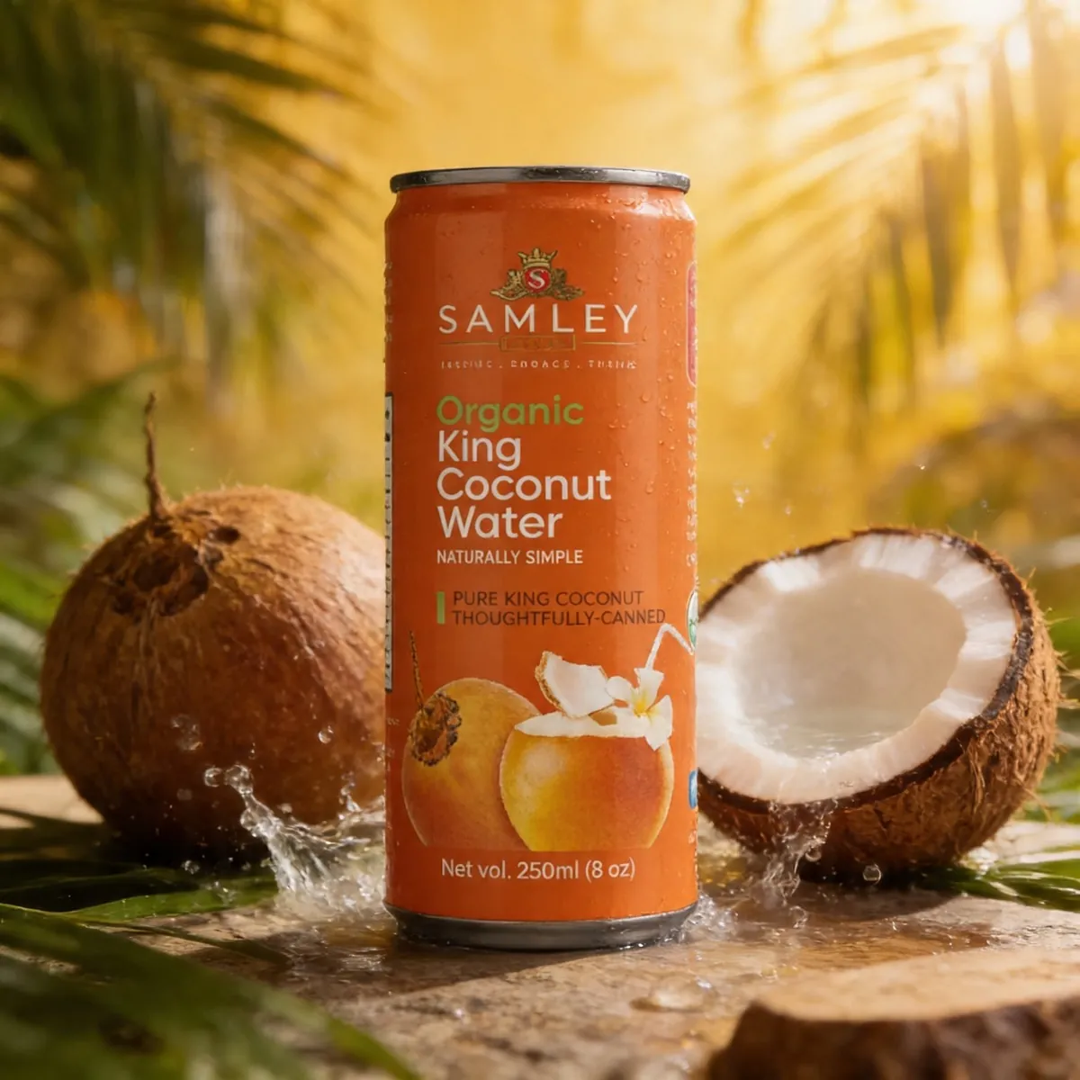 Samley Organic King Coconut Water can with orange thambili coconuts