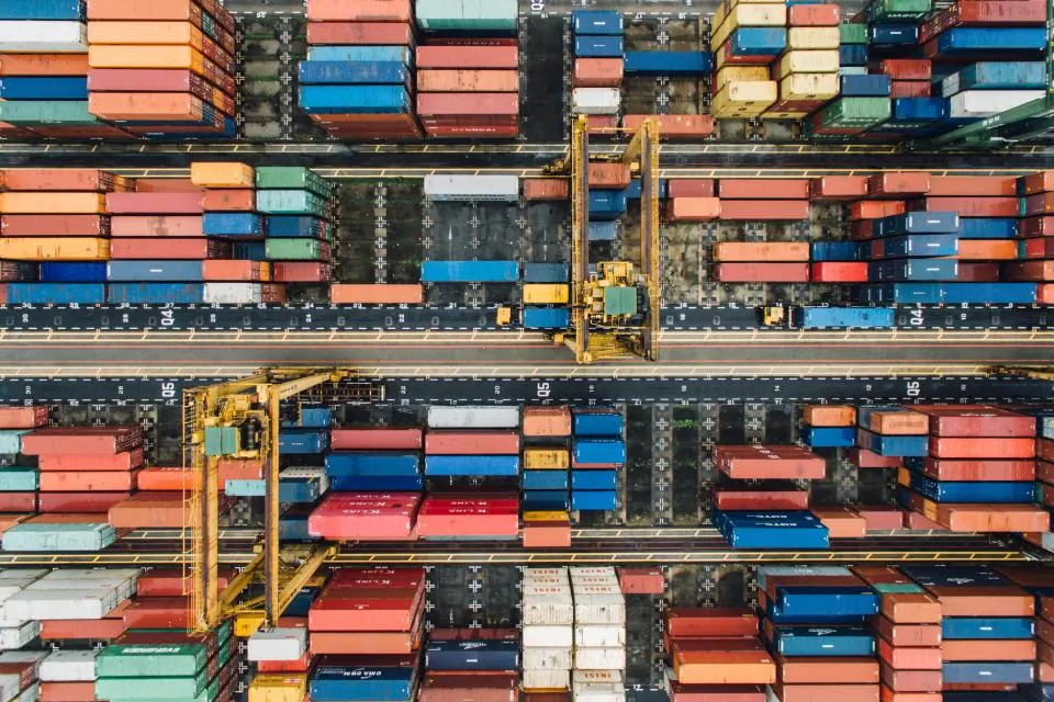 Aerial view of shipping containers at a cargo terminal