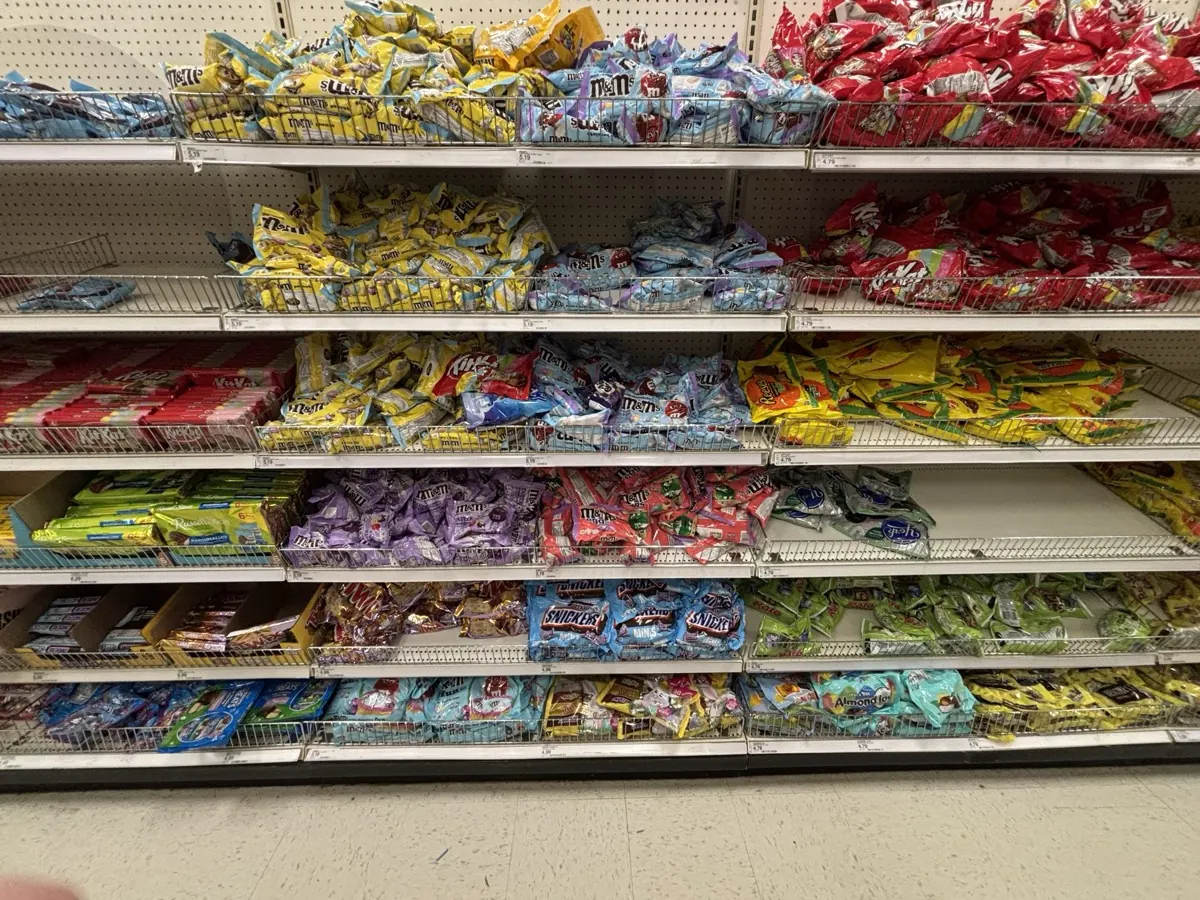 Retail store shelves stocked with packaged goods