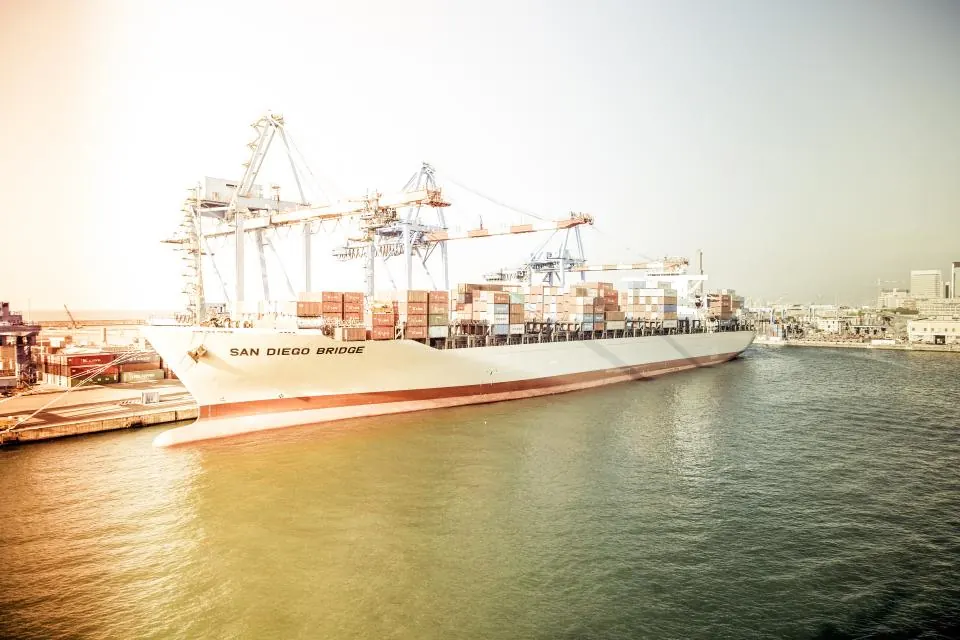 Container ship docked at a port