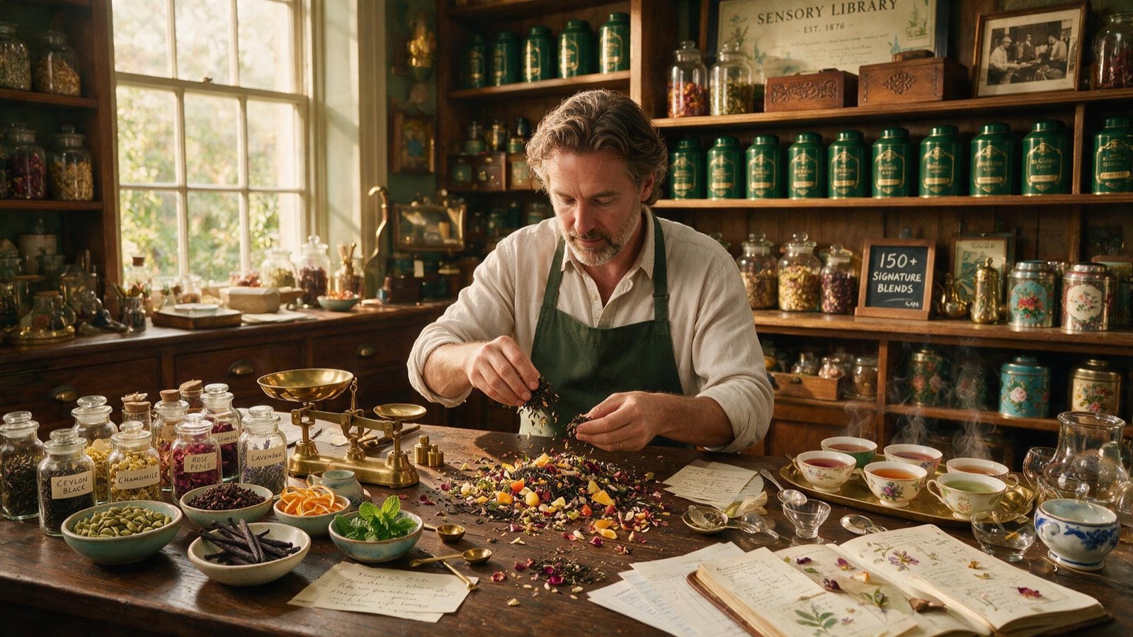 A master tea blender crafting signature blends in the sensory library