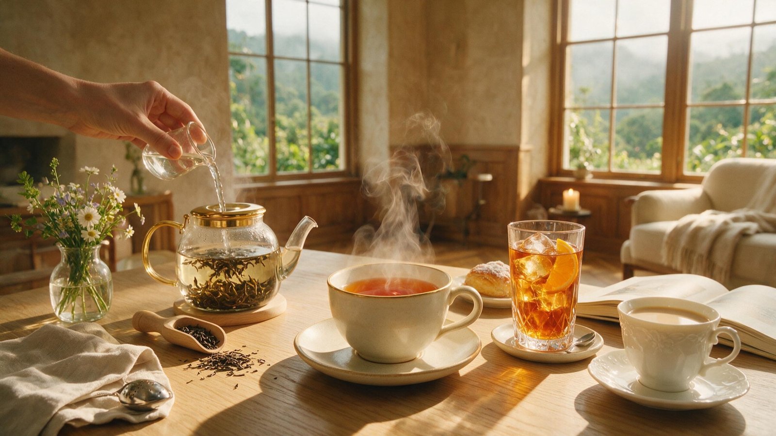 A freshly brewed cup of Ceylon tea poured in a sunlit room