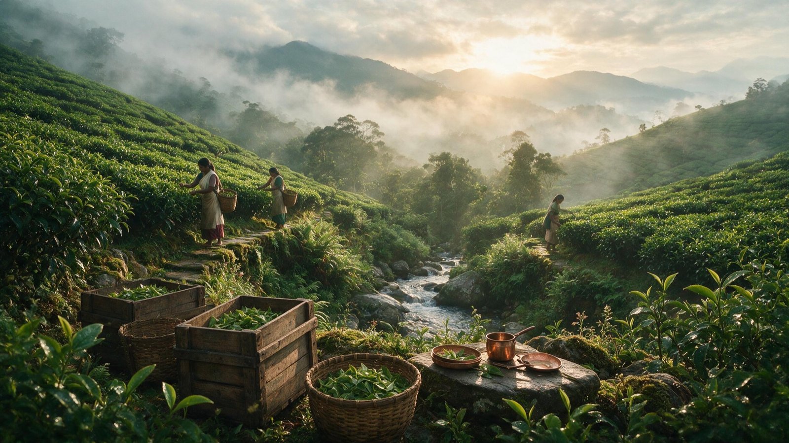 Tea pluckers on the misty highland estates of Sri Lanka at sunrise