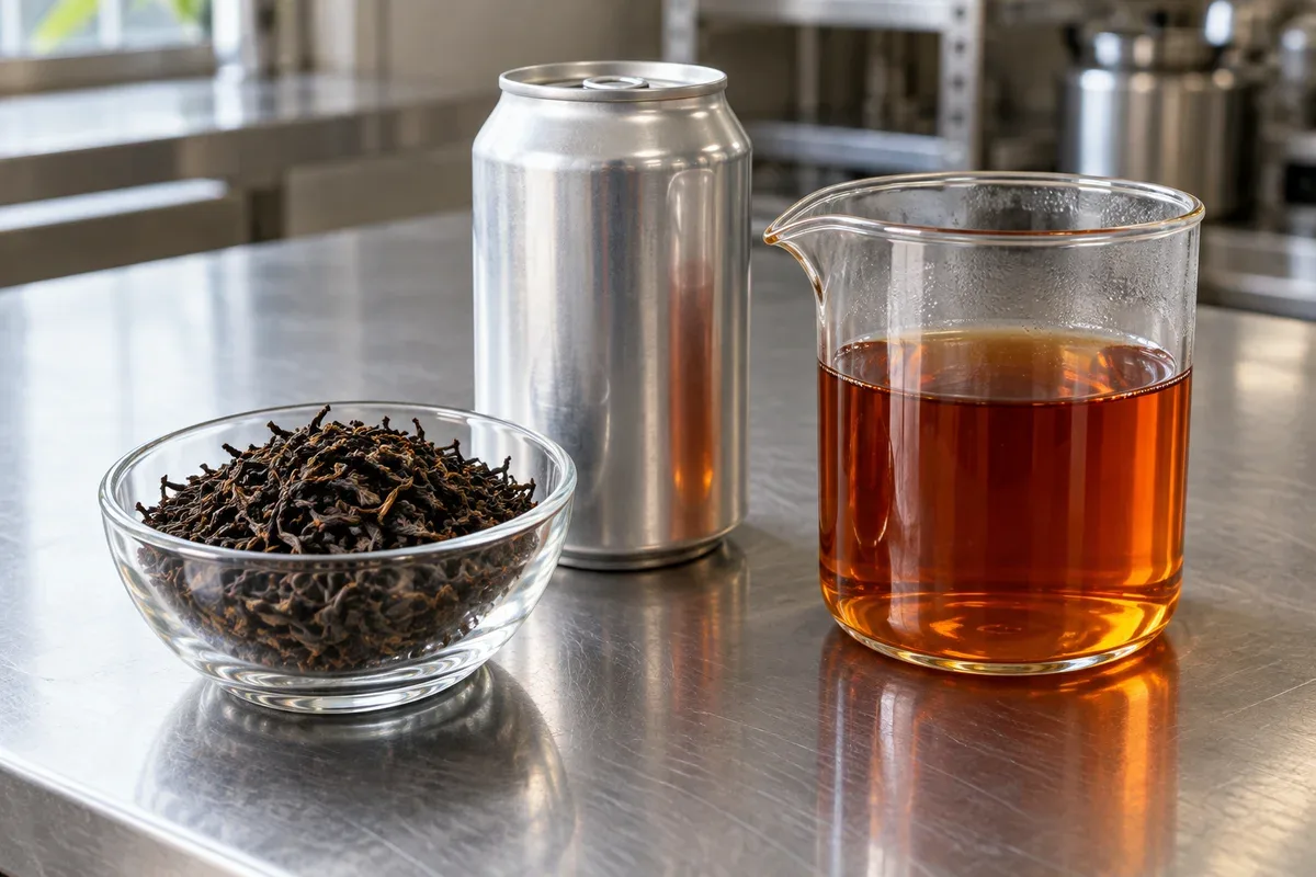 Loose black tea leaves beside a plain drink can and a beaker of brewed tea