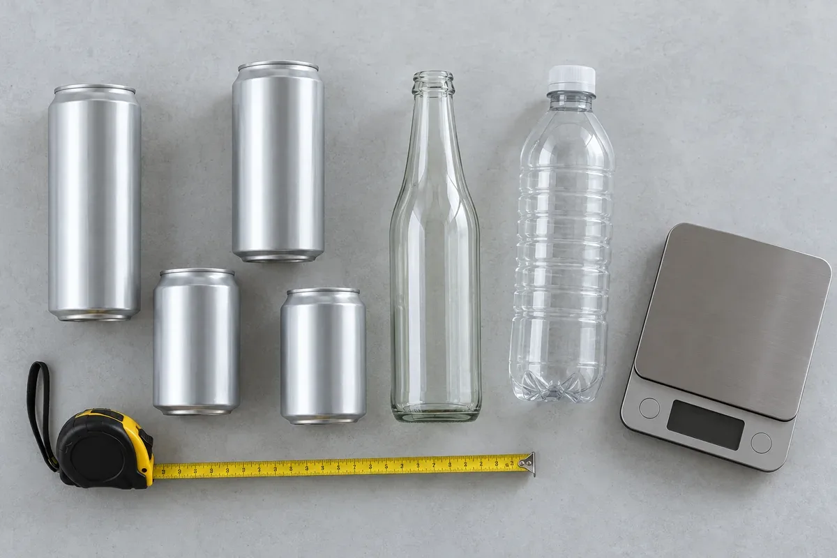 Blank aluminium cans in two sizes beside a glass bottle and a plastic bottle