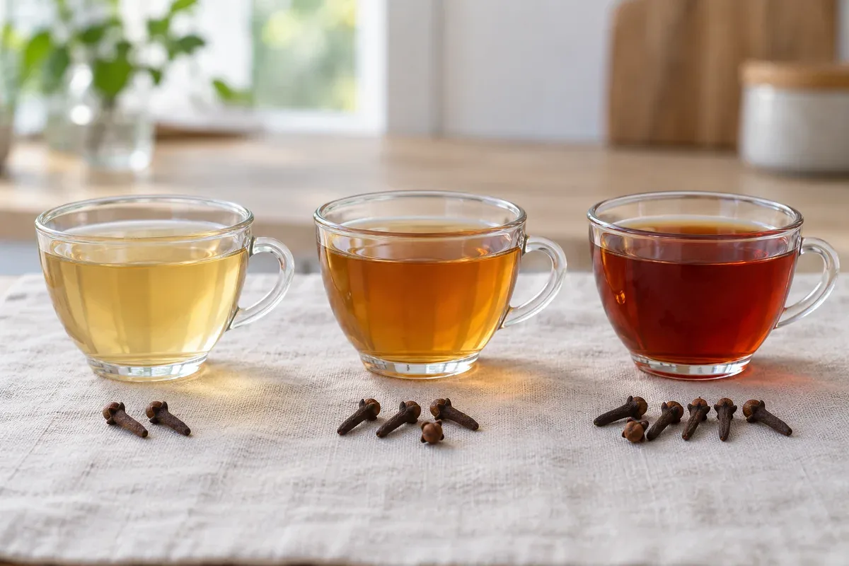 Three glass cups of clove tea from pale to deep amber with cloves in front