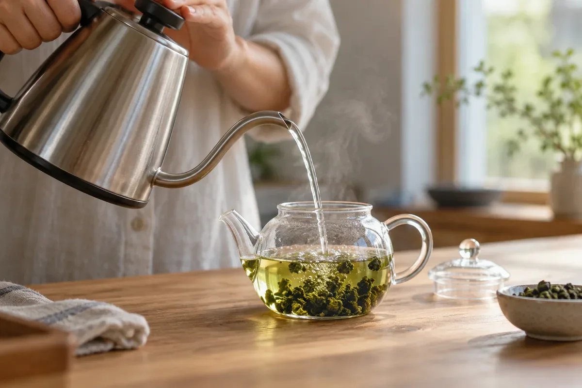 Hot water poured onto rolled green tea leaves in a glass teapot
