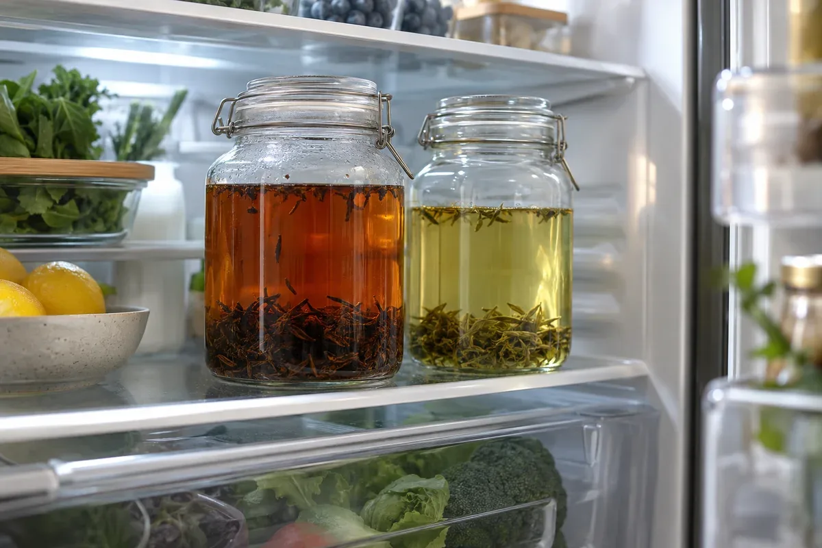 Glass jars of black and green tea cold brewing on a fridge shelf
