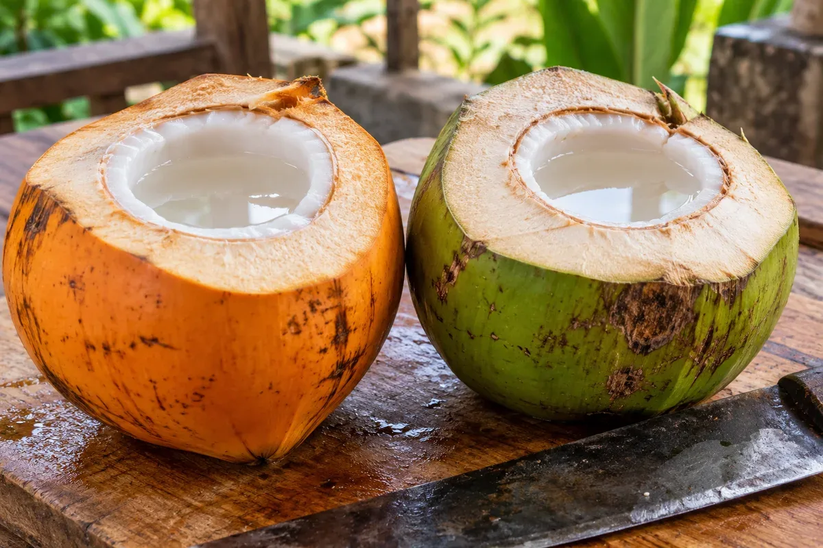 Halved king coconut and green coconut side by side showing water and soft kernel
